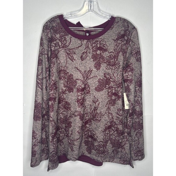 St. John’s Bay Tie Keyhole Back Long Sleeve Sweater Wine/Gray Size Large NWT - Picture 1 of 9
